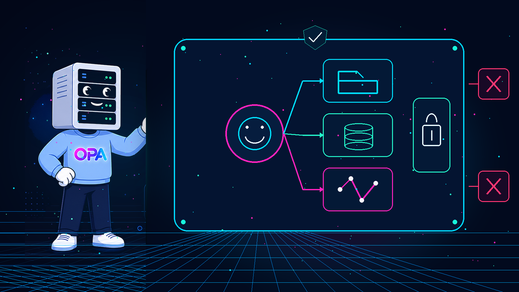Mascotte OPA présentant un agent IA isolé dans une sandbox avec outils autorisés, verrou d’approbation et accès externes bloqués