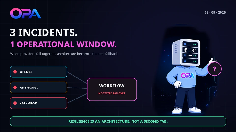 OPA mascot facing three disrupted AI providers converging on a business workflow with no tested failover