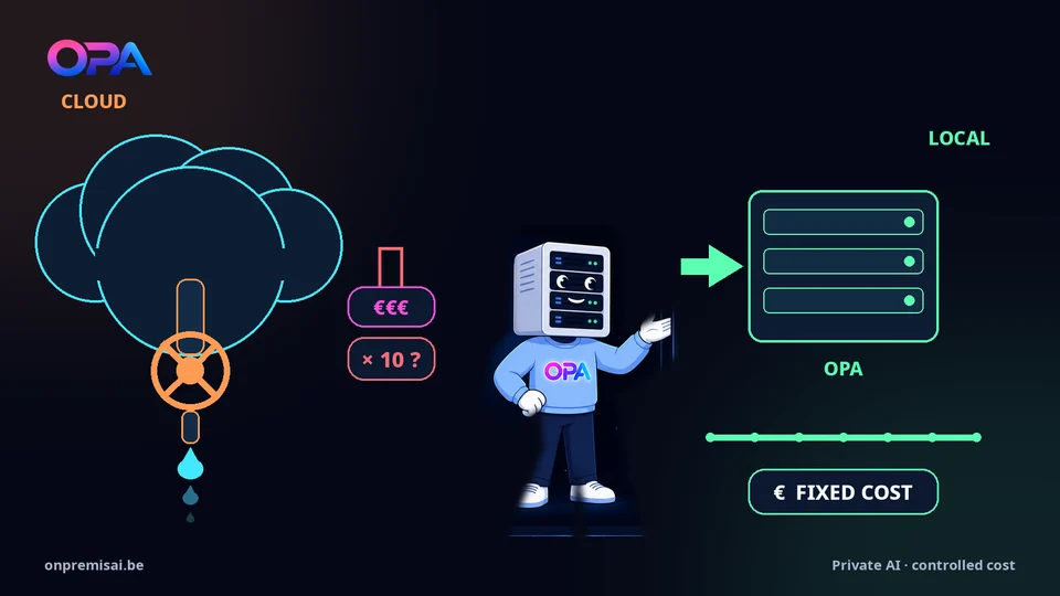 The OPA mascot guides a business away from tightening cloud quotas toward a fixed-cost local AI server