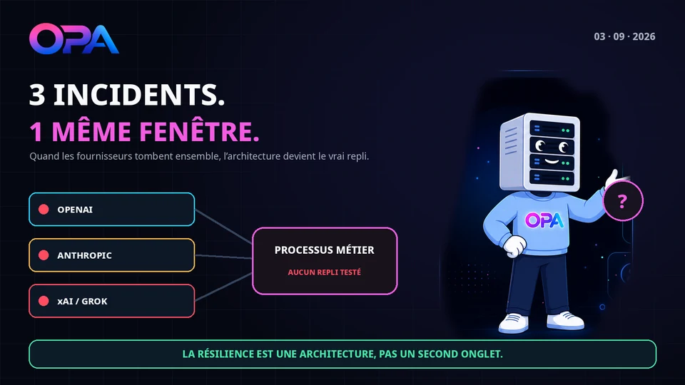 Mascotte OPA face à trois fournisseurs d’IA en incident convergeant vers un processus métier sans repli testé