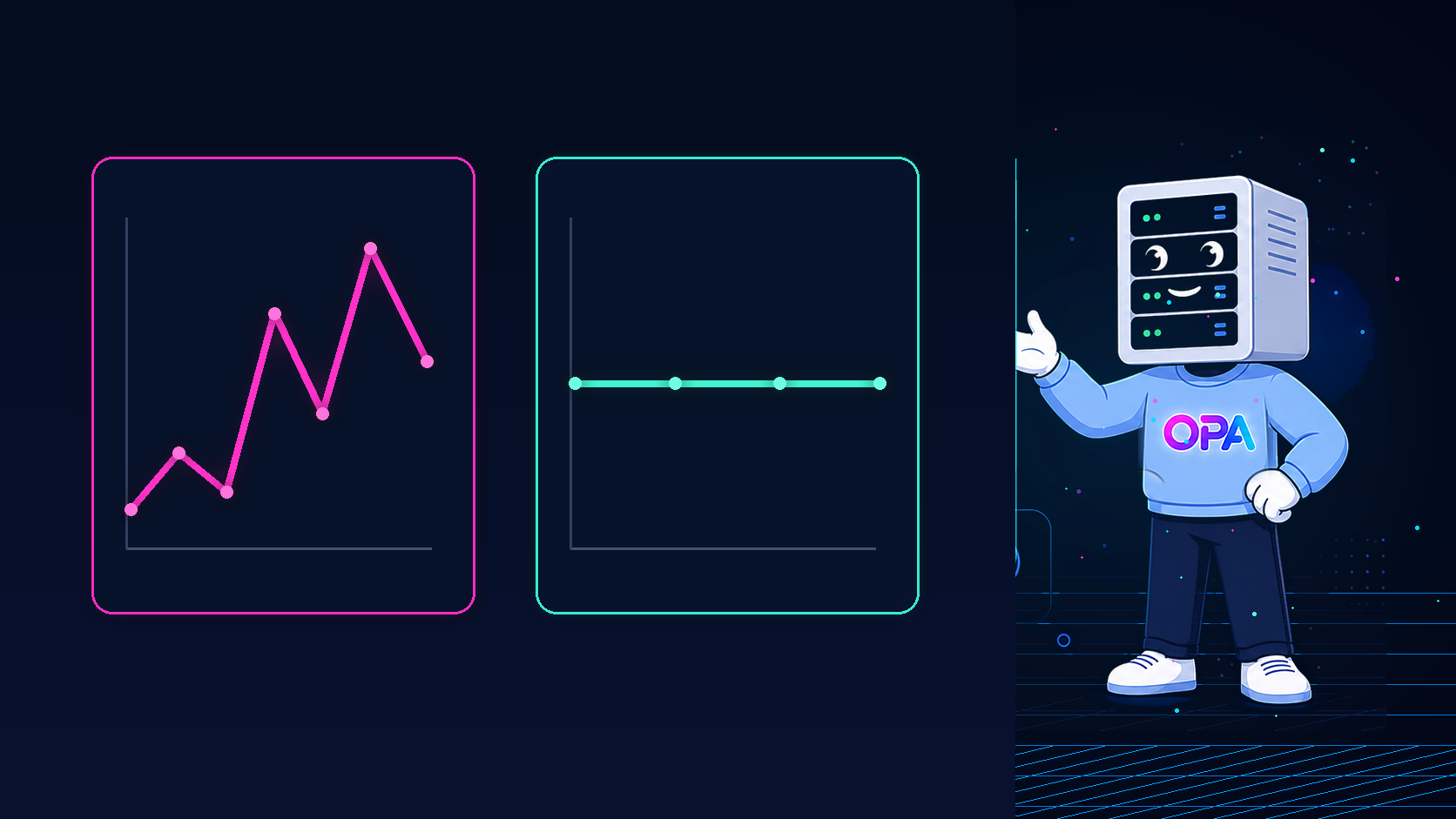 OPA mascot to the right of two charts comparing variable token spending with a stable fixed cost