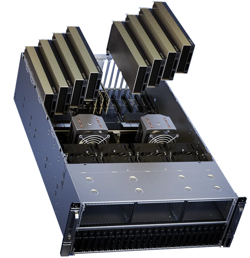 Serveur GPU ouvert placé à côté du titre infrastructure IA